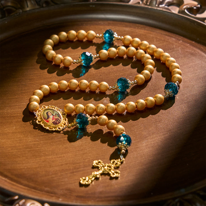 Eleganter, matter Rosenkranz aus goldenen Perlen von Christianartworkshop mit der heiligen Therese und einem Kruzifix - image 7