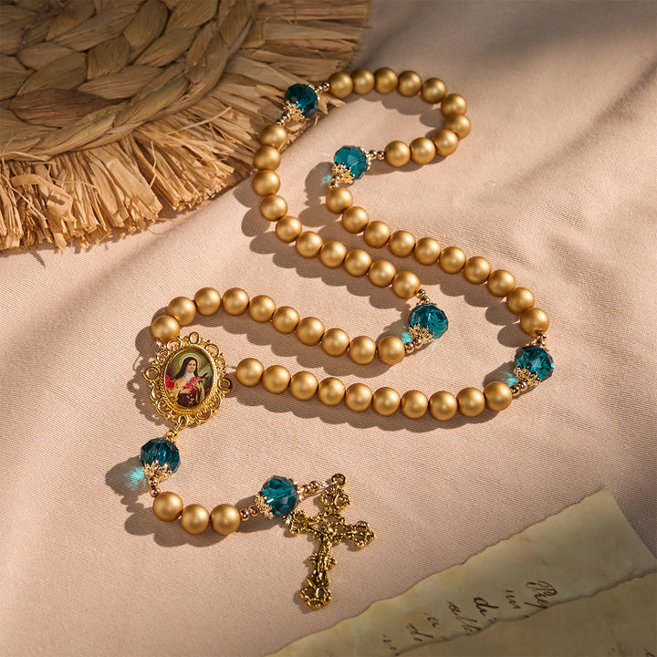 Christianartworkshop Eleganter Rosenkranz aus mattgoldenen Perlen mit der Heiligen Therese und einem Kruzifix - Die heilige Therese und das Kruzifix - image 1