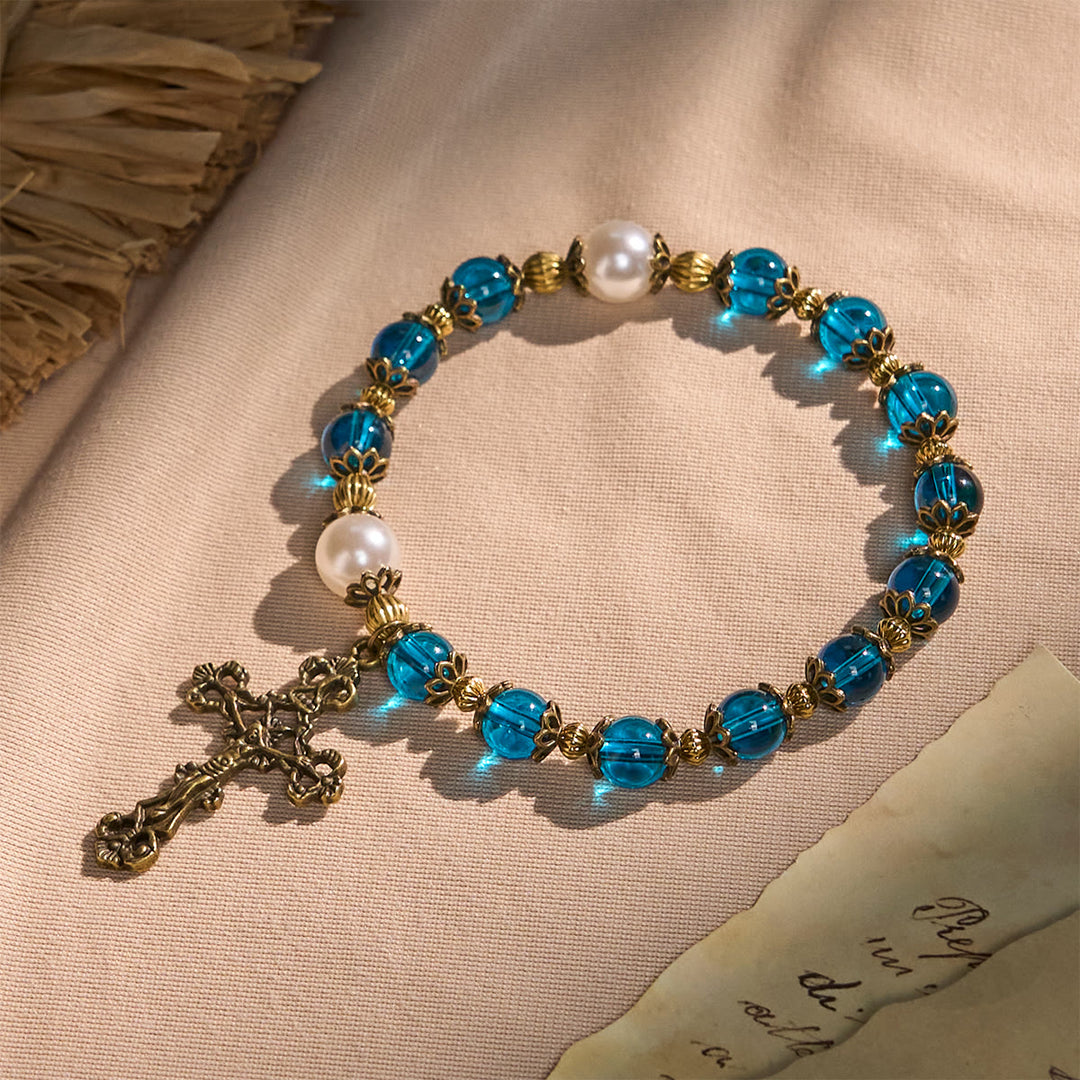 Christianartworkshop Spirituelle Armbänder mit blauen Glanzperlen und heiligem Messingkruzifix - Blau - image 1