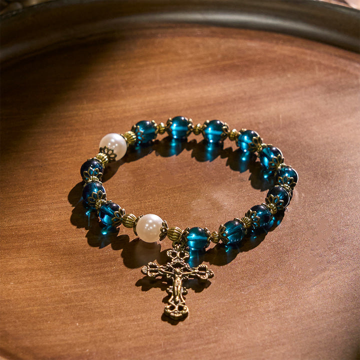 Christianartworkshop Spirituelle Armbänder mit blauen Glanzperlen und heiligem Messingkruzifix - image 2