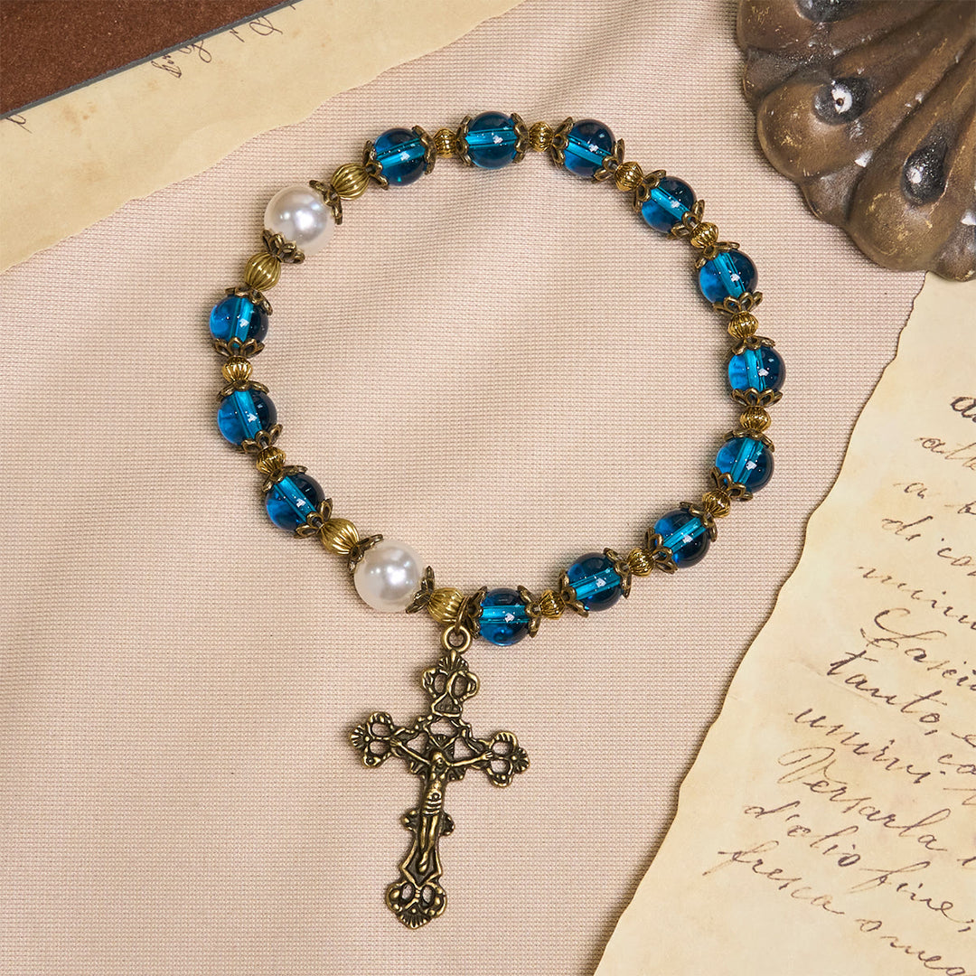 Christianartworkshop Spirituelle Armbänder mit blauen Glanzperlen und heiligem Messingkruzifix - image 4
