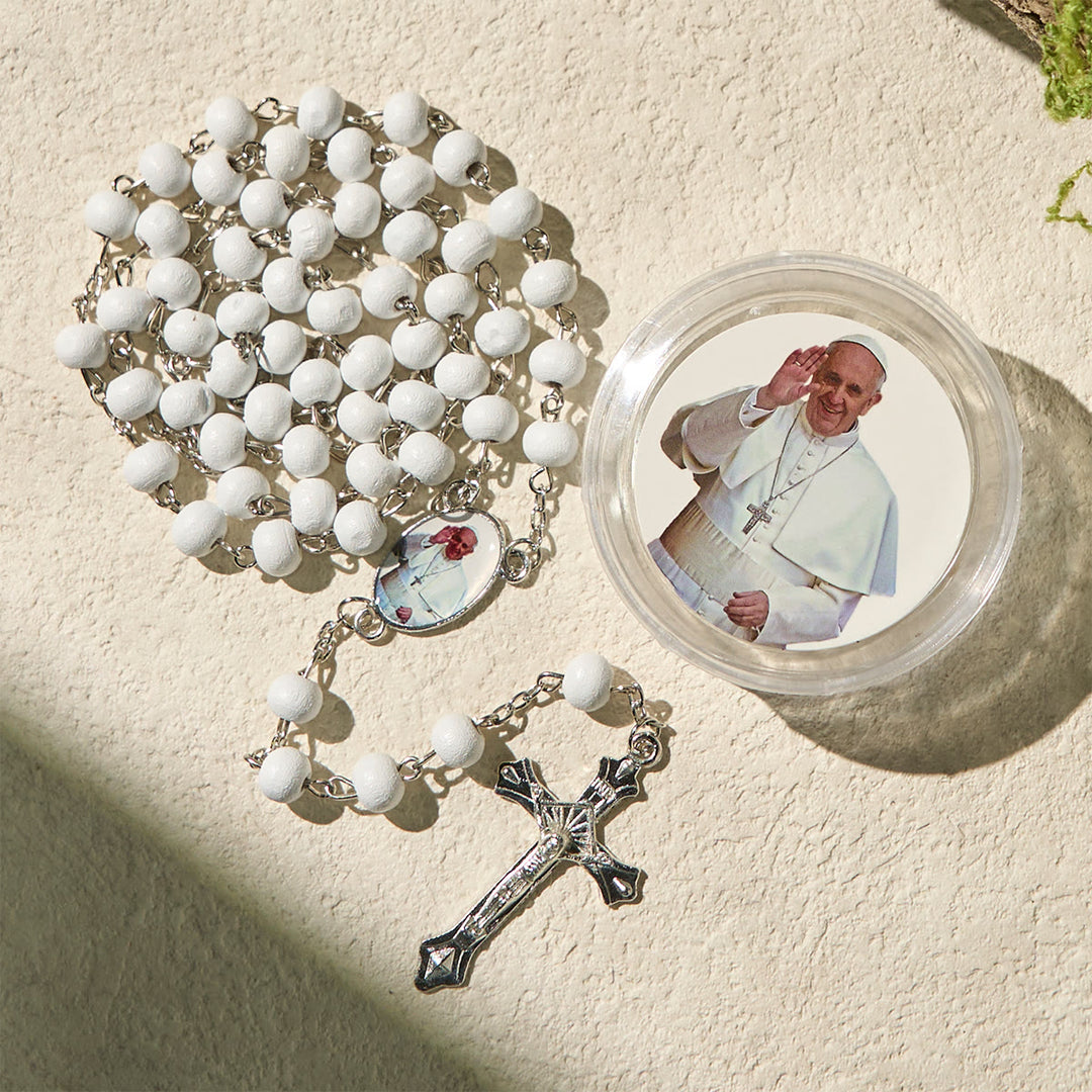 Christianartworkshop Göttlicher Rosenkranz aus Holz in Rot und Weiß mit Segenskasten von Papst Franziskus - image 3