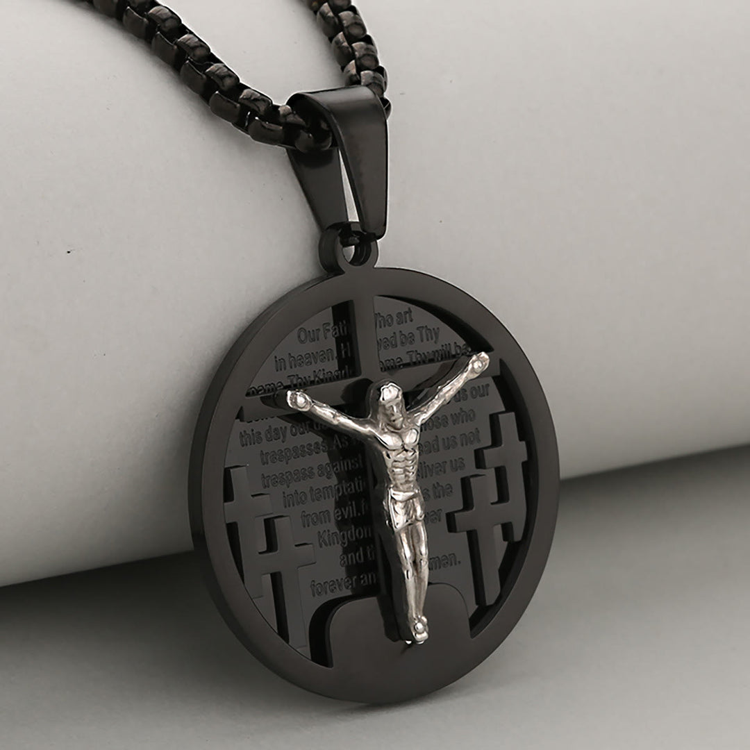 Christianartworkshop Halskette mit rundem Kruzifix-Anhänger in vier Farben, perfekt für religiöse Geschenke - Schwarz + Silber - image 3