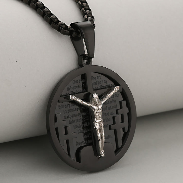 Christianartworkshop Halskette mit rundem Kruzifix-Anhänger in vier Farben, perfekt für religiöse Geschenke - Schwarz + Silber - image 3