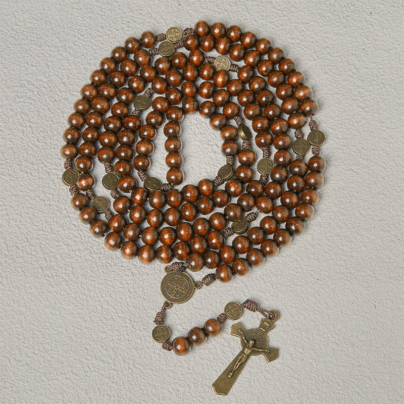 Christianartworkshop 15/20 Dekaden-Rosenkranz aus Olivenholz mit dem Design des Heiligen Benedikt, Kruzifix und Hüftkette – Göttliche Hingabe im doppelten Nutzen - 15 Jahrzehnt - Braun - image 14