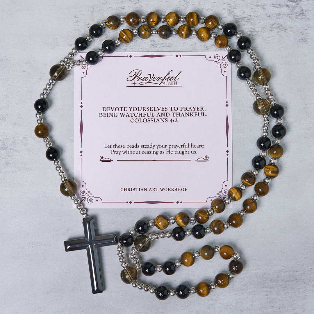 Christianartworkshop GEBETSVOLLER GLAUBE: Handgefertigter Rosenkranz aus natürlichem Obsidian und Tigerauge mit Geschenkkarte - GEBETSVOLLER GLAUBE - image 1