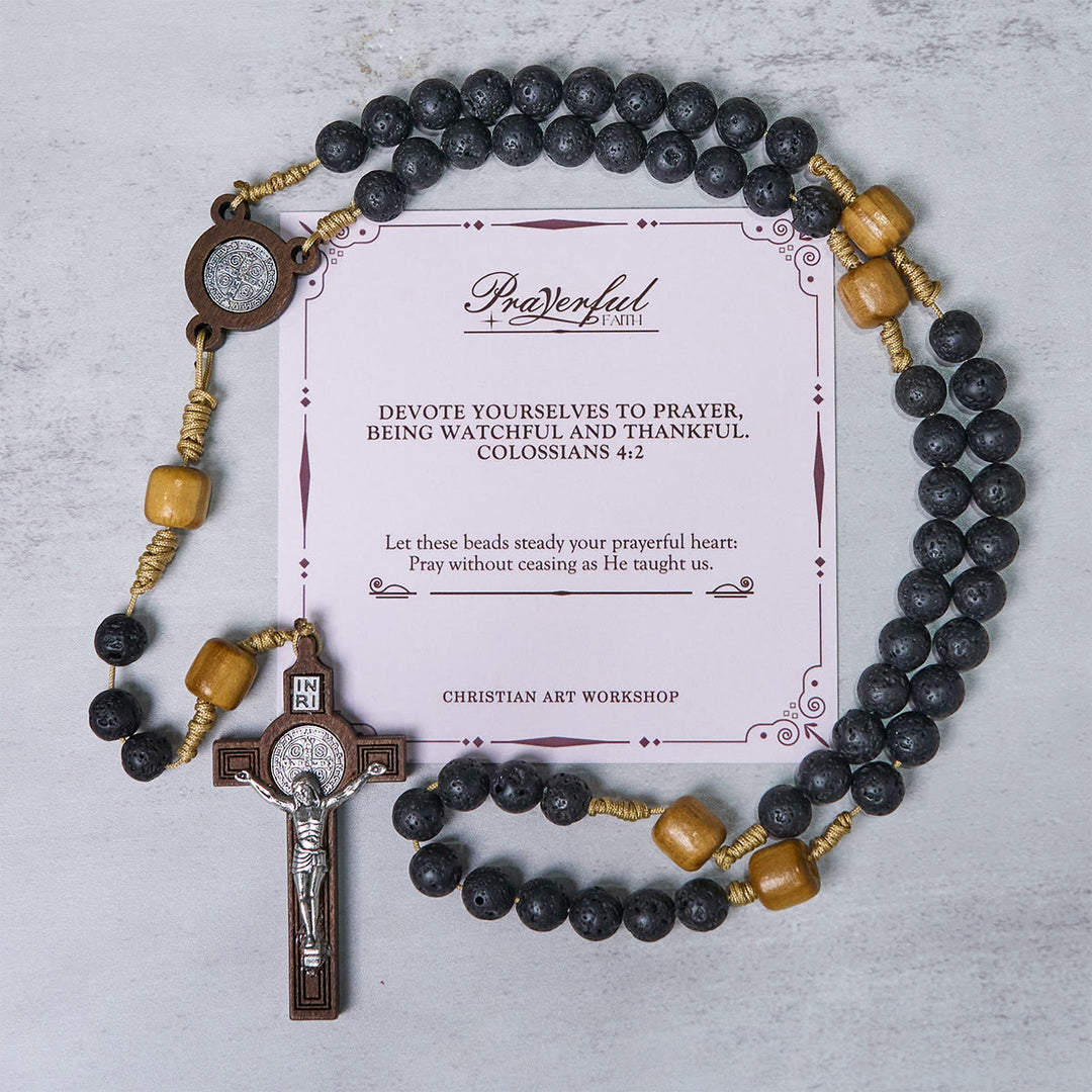 Christianartworkshop GEBETSVOLLER GLAUBE: Handgefertigter Rosenkranz aus natürlichem, langlebigem Vulkanstein mit Geschenkkarte - GEBETSVOLLER GLAUBE - image 1