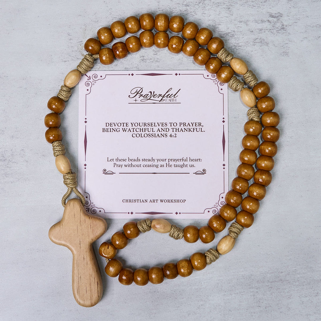 Christianartworkshop GEBETSVOLLER GLAUBE: Handgefertigter minimalistischer Rosenkranz aus Olivenholz mit Geschenkkarte - GEBETSVOLLER GLAUBE - image 1