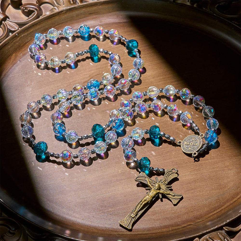 Christianartworkshop Eleganter Rosenkranz aus klaren, glänzenden Perlen mit bronzenem Heiligen Benedikt für das tägliche Gebet - image 2