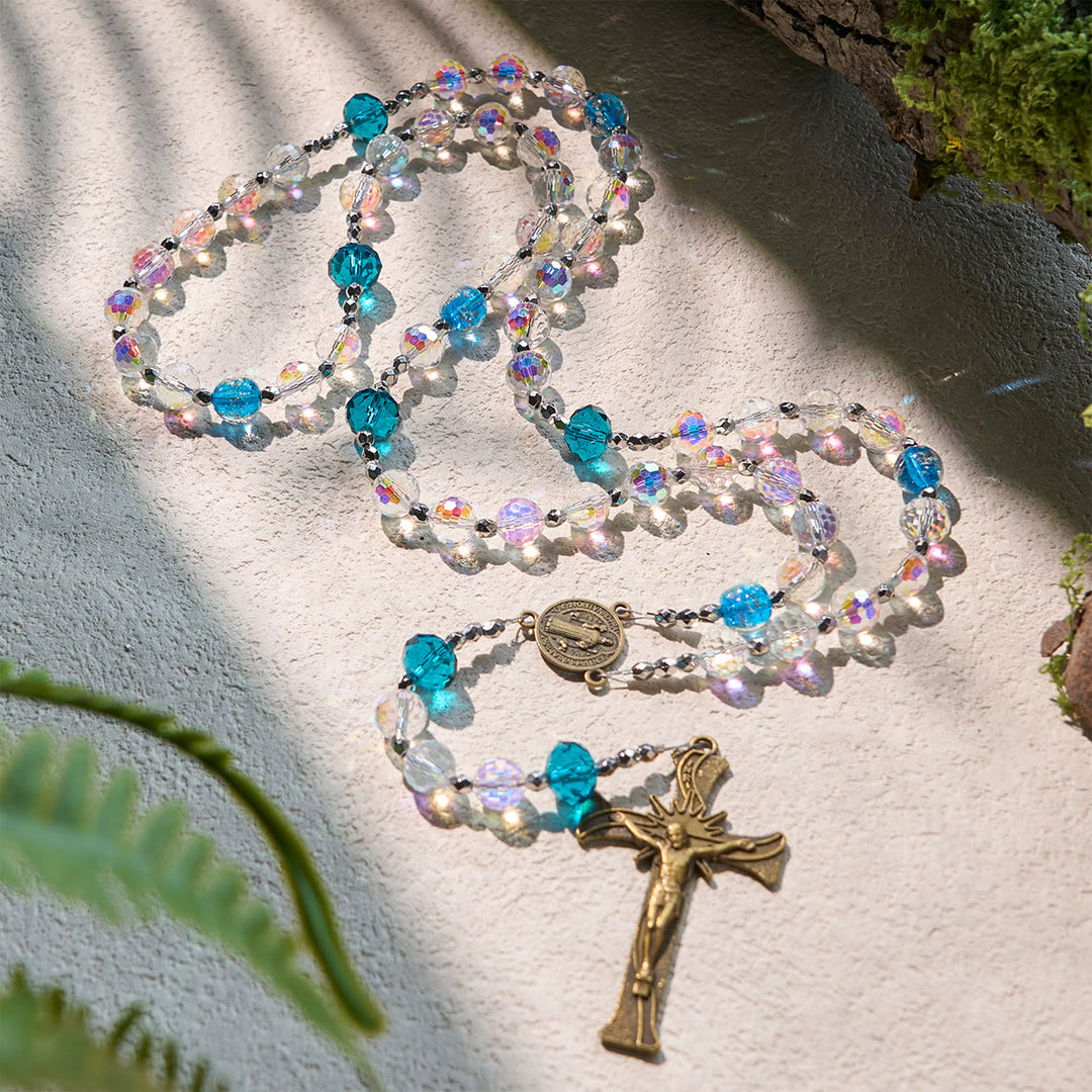 Christianartworkshop GEBETSVOLLER GLAUBE: Eleganter Rosenkranz mit leuchtenden Perlen des Heiligen Benedikt mit Geschenkkarte - image 5