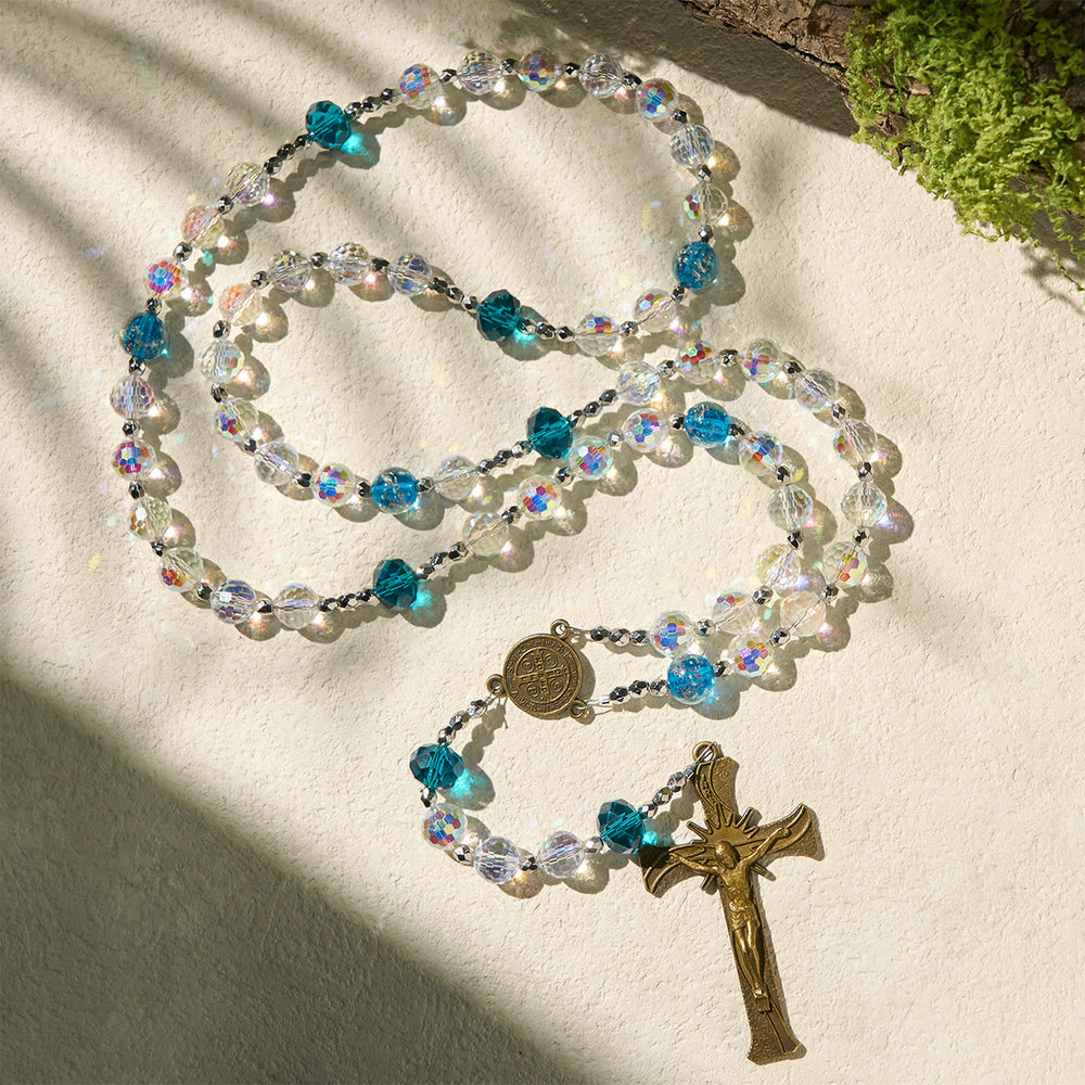 Christianartworkshop GEBETSVOLLER GLAUBE: Eleganter Rosenkranz mit leuchtenden Perlen des Heiligen Benedikt mit Geschenkkarte - image 2