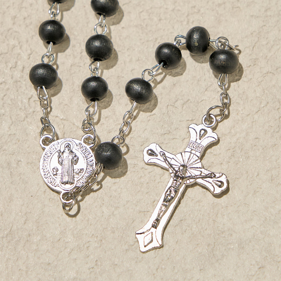 Christianartworkshop Schwarzer Gebetsrosenkranz aus Holz mit Kruzifix und Göttlicher Barmherzigkeit, religiöse Geschenkbox - image 4
