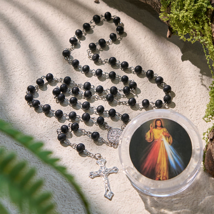 Christianartworkshop Schwarzer Gebetsrosenkranz aus Holz mit Kruzifix und Göttlicher Barmherzigkeit, religiöse Geschenkbox - Barmherzigkeit Gottes & Kruzifix - image 1