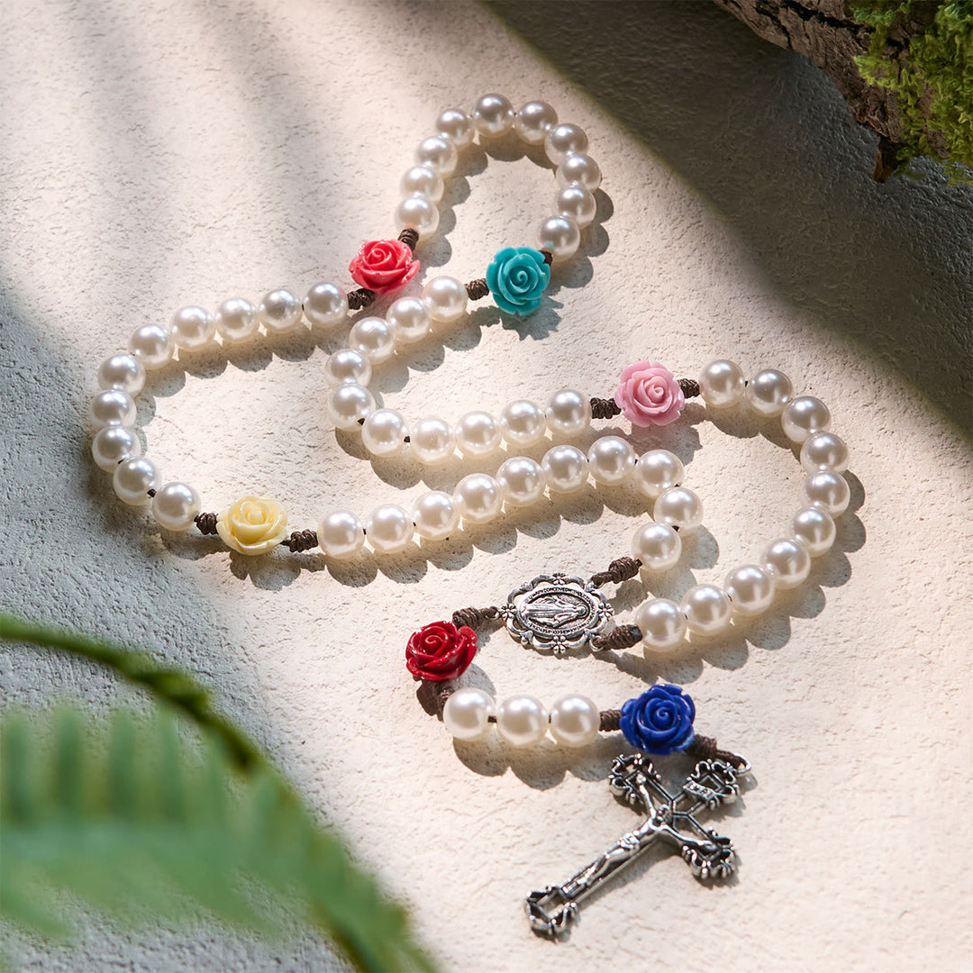 Christianartworkshop Eleganter Perlenrosenkranz mit mehrfarbigen Rosenakzenten, die Hingabe und Glauben widerspiegeln - Wundertätige Medaille & Kruzifix - image 1