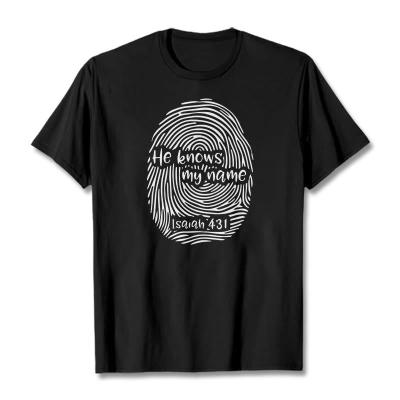 Christianartworkshop „Er kennt meinen Namen“ Fingerabdruck Bibelvers Unisex T-Shirt - Schwarz - 2XL - image 0