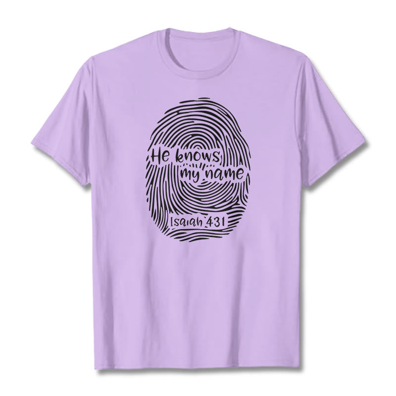 Christianartworkshop „Er kennt meinen Namen“ Fingerabdruck Bibelvers Unisex T-Shirt - Hellviolett - 2XL - image 12