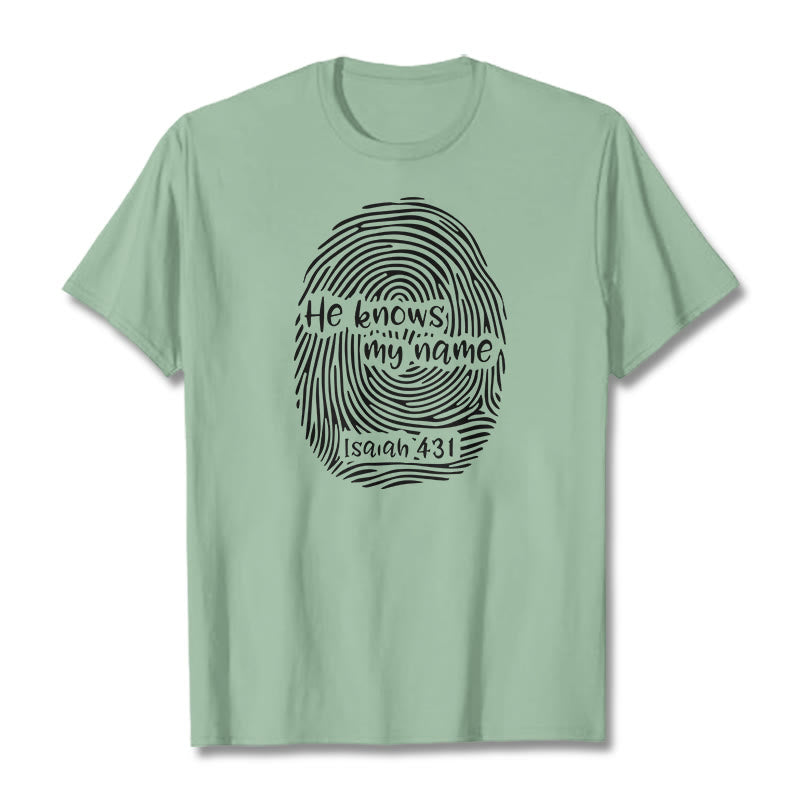 Christianartworkshop „Er kennt meinen Namen“ Fingerabdruck Bibelvers Unisex T-Shirt - Hellgrün - 2XL - image 14