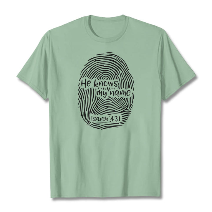 Christianartworkshop „Er kennt meinen Namen“ Fingerabdruck Bibelvers Unisex T-Shirt - Hellgrün - 2XL - image 14