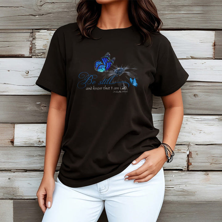 Christianartworkshop Unisex-T-Shirt mit Bibelvers „Be Still and Know God“ und Schmetterling - image 4