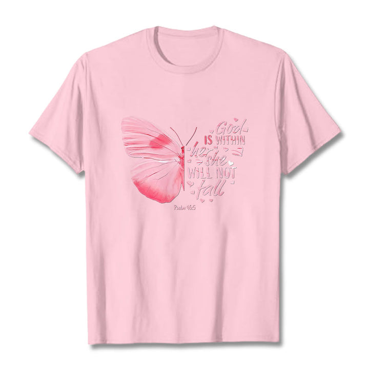 Christianartworkshop Gott ist in ihr, sie wird nicht fallen mit Schmetterling Unisex T-Shirt - Hellrosa - 2XL - image 6
