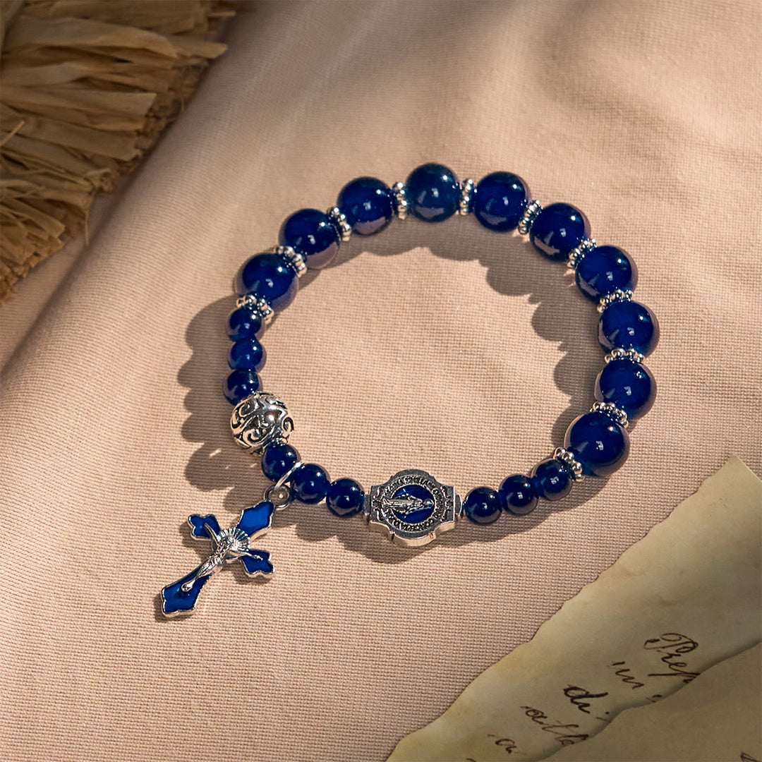 Christianartworkshop Elegante tiefblaue Perlenarmbänder mit Kruzifix und Wundertätiger Medaille - Tiefblau - image 1