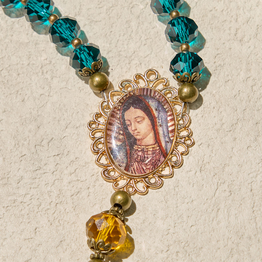 Christianartworkshop Rosenkranz in leuchtendem Blau und Bernstein mit Medaille Unserer Lieben Frau und antikem Pardon-Kruzifix - image 8