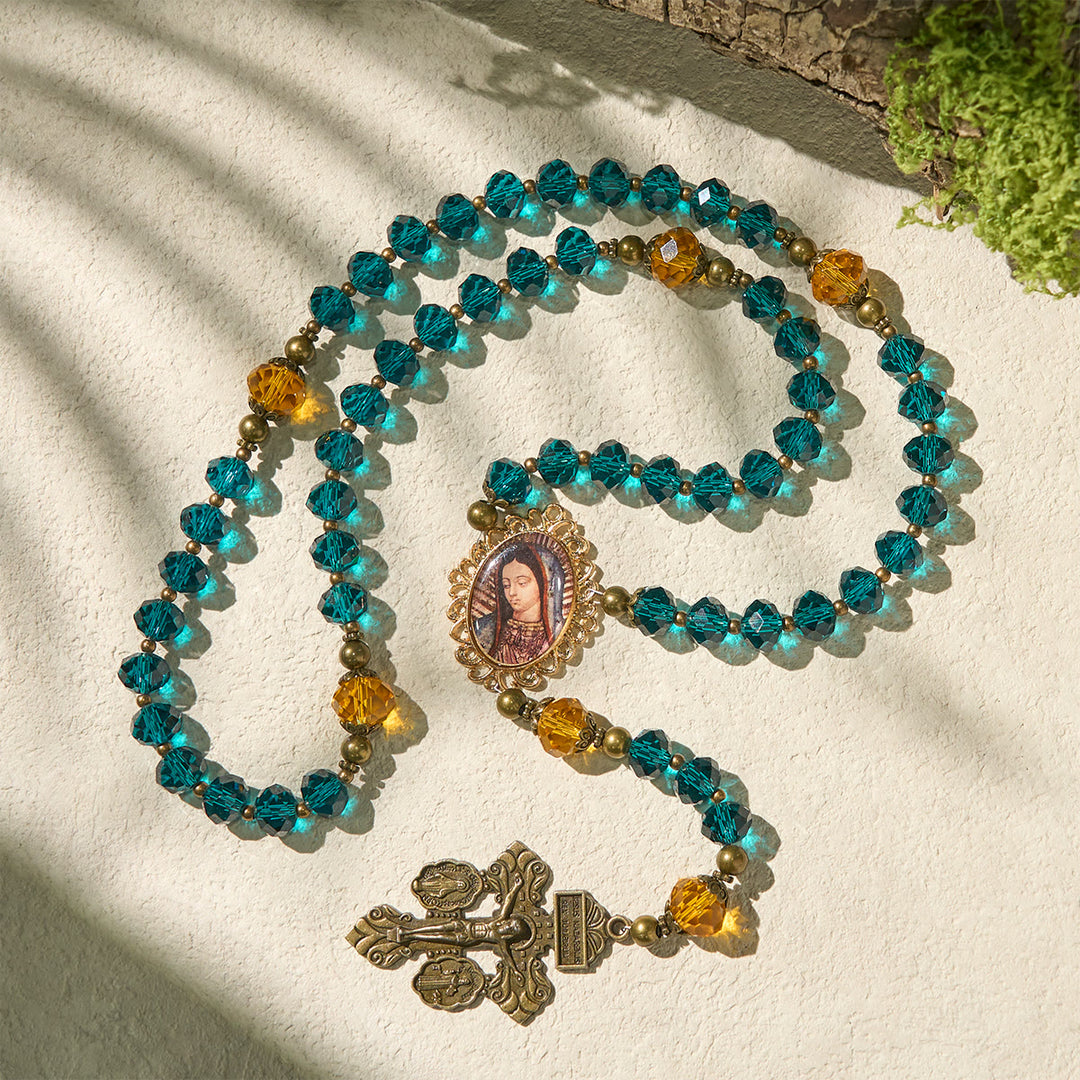 Christianartworkshop Erntedankfest: Strahlend blauer und bernsteinfarbener Rosenkranz mit Unserer Lieben Frau-Medaille und antikem Pardon-Kruzifix - image 6