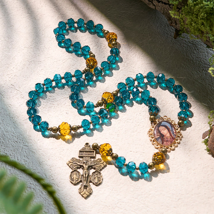 Christianartworkshop Erntedankfest: Strahlend blauer und bernsteinfarbener Rosenkranz mit Unserer Lieben Frau-Medaille und antikem Pardon-Kruzifix - image 5