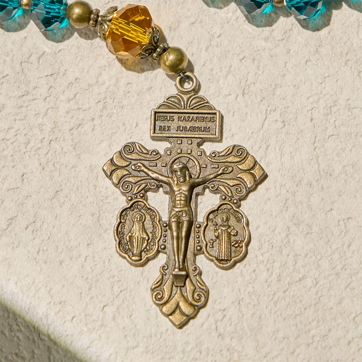 Christianartworkshop Erntedankfest: Strahlend blauer und bernsteinfarbener Rosenkranz mit Unserer Lieben Frau-Medaille und antikem Pardon-Kruzifix - image 7