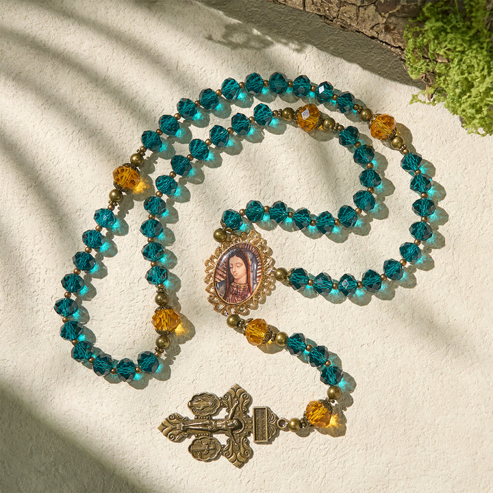 Christianartworkshop Rosenkranz in leuchtendem Blau und Bernstein mit Medaille Unserer Lieben Frau und antikem Pardon-Kruzifix - image 5