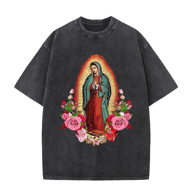 Christianartworkshop Vintage Unsere Liebe Frau von Guadalupe Floral Faith Unisex gewaschenes T-Shirt - Schwarz - 5XL - image 0
