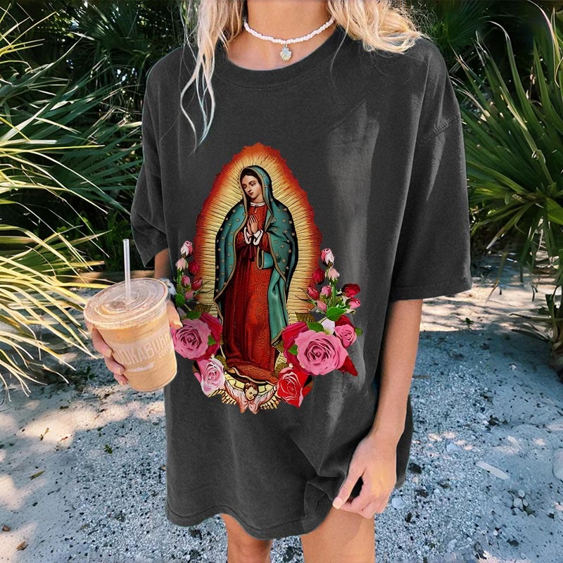Christianartworkshop Vintage Unsere Liebe Frau von Guadalupe Floral Faith Unisex gewaschenes T-Shirt - image 2