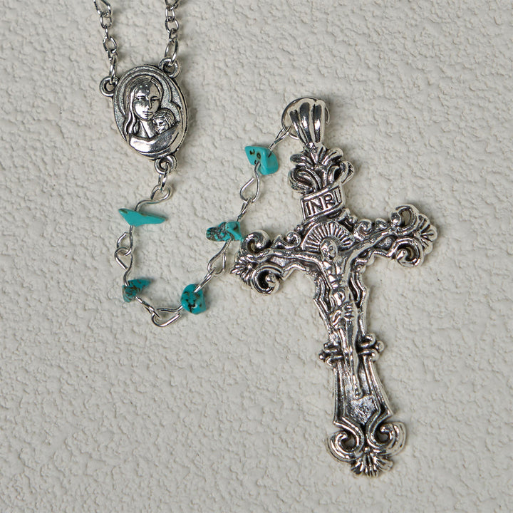 Christianartworkshop Einzigartiger türkisfarbener Rosenkranz mit Fragmenten der Heiligen Maria und verziertem Kruzifix - image 8