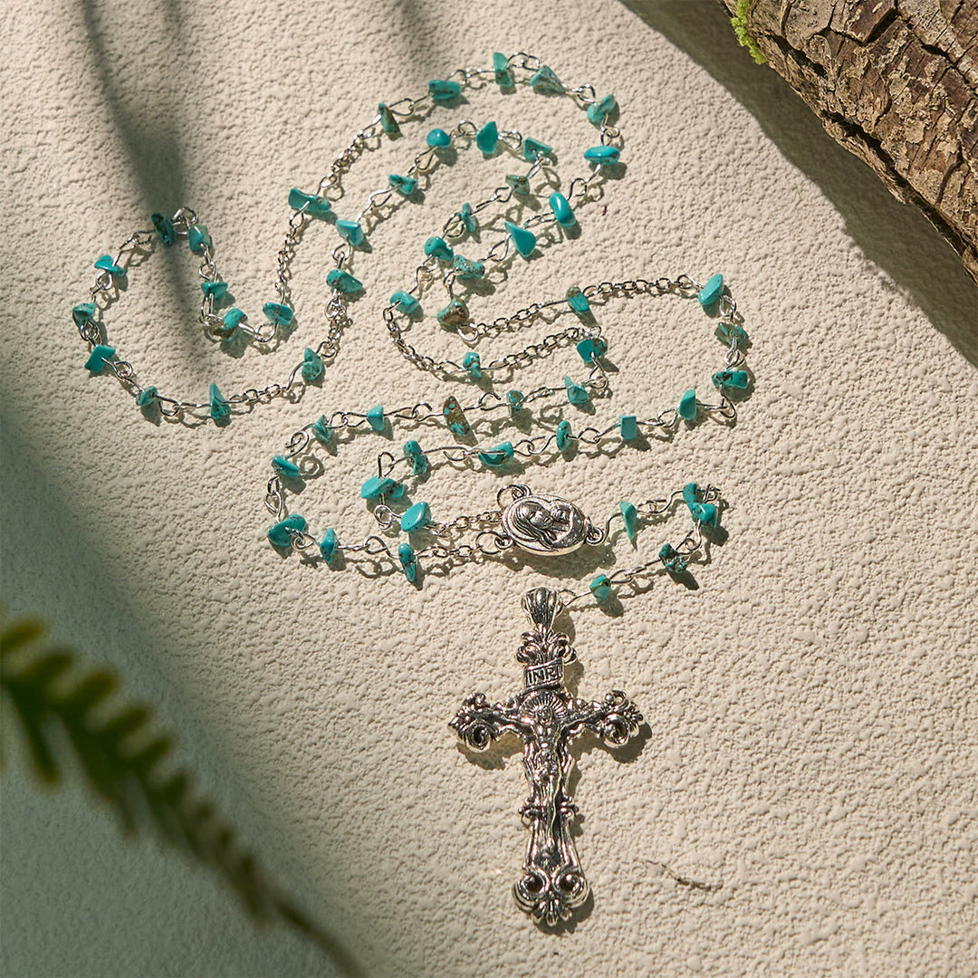 Christianartworkshop Einzigartiger türkisfarbener Rosenkranz mit Fragmenten der Heiligen Maria und verziertem Kruzifix - Jungfrau Maria & Kruzifix - image 1