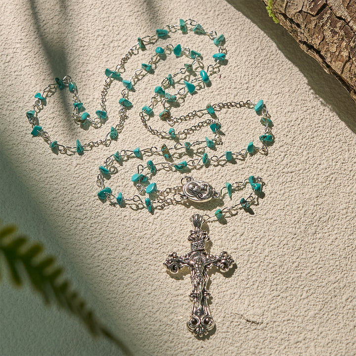 Christianartworkshop Einzigartiger türkisfarbener Rosenkranz mit Fragmenten der Heiligen Maria und verziertem Kruzifix - Jungfrau Maria & Kruzifix - image 1