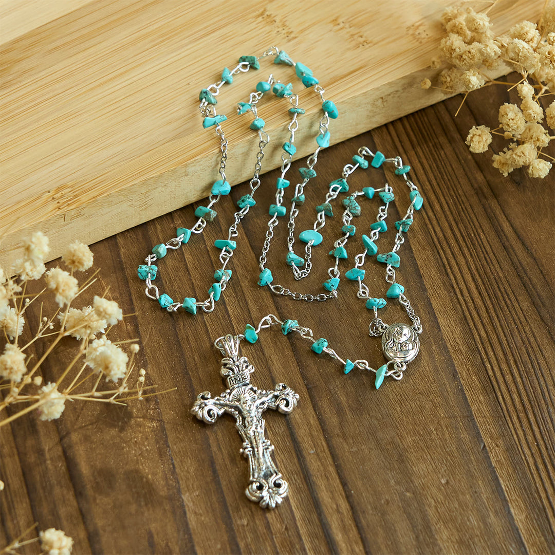 Christianartworkshop Einzigartiger türkisfarbener Rosenkranz mit Fragmenten der Heiligen Maria und verziertem Kruzifix - image 5