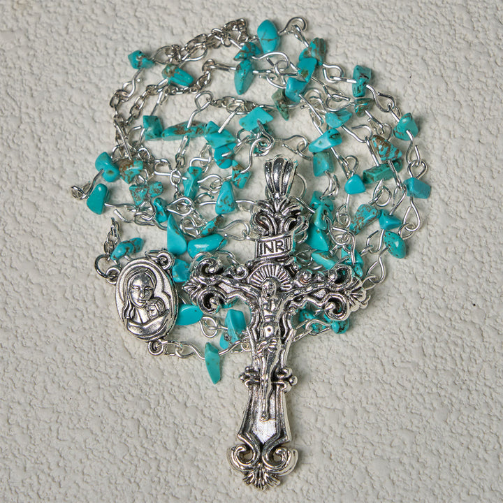 Christianartworkshop Einzigartiger türkisfarbener Rosenkranz mit Fragmenten der Heiligen Maria und verziertem Kruzifix - image 9