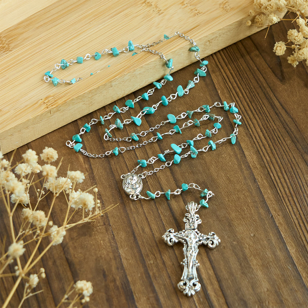 Christianartworkshop Einzigartiger türkisfarbener Rosenkranz mit Fragmenten der Heiligen Maria und verziertem Kruzifix - image 4