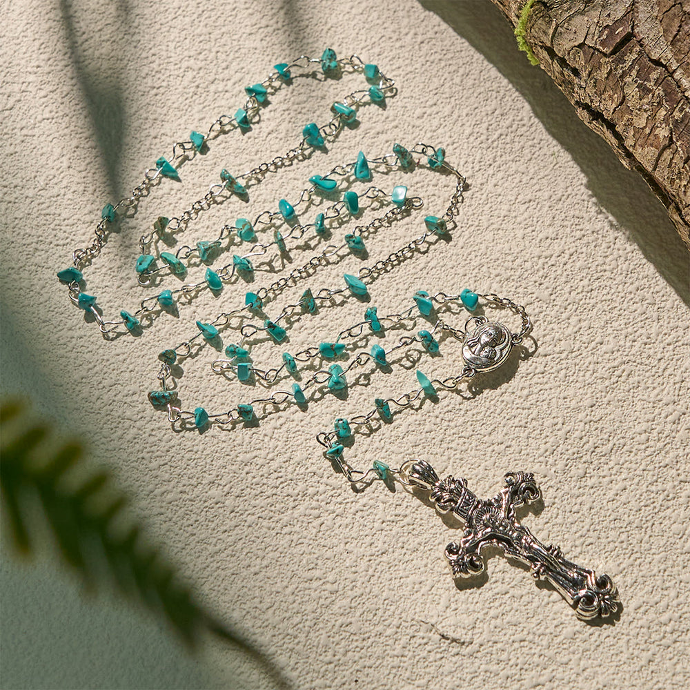 Christianartworkshop Einzigartiger türkisfarbener Rosenkranz mit Fragmenten der Heiligen Maria und verziertem Kruzifix - image 2