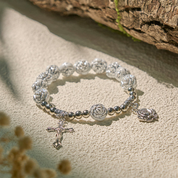 Christianartworkshop Zarte weiße Rosen, Andachtsperlen, Rosenkranz und Armbänder mit der Jungfrau Maria - Armband - image 9