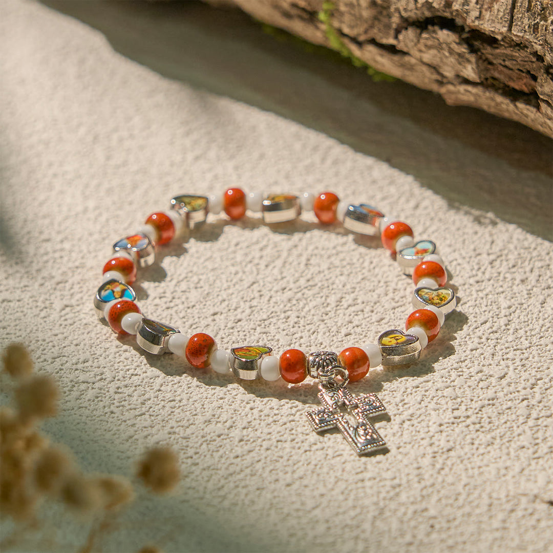 Christianartworkshop Bunte Glas- und Keramikperlenarmbänder mit Kreuz- und Heiligenherzanhängern - Orange - image 13