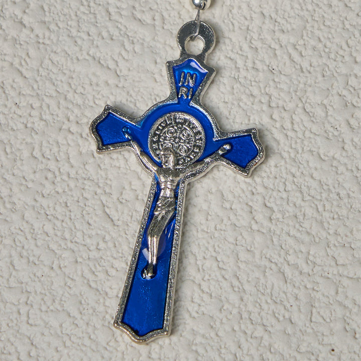 Christianartworkshop Rosenkranz aus glänzendem Kristall und blauen Blumenperlen mit Emaille-Kruzifix und Unserer Lieben Frau - image 7