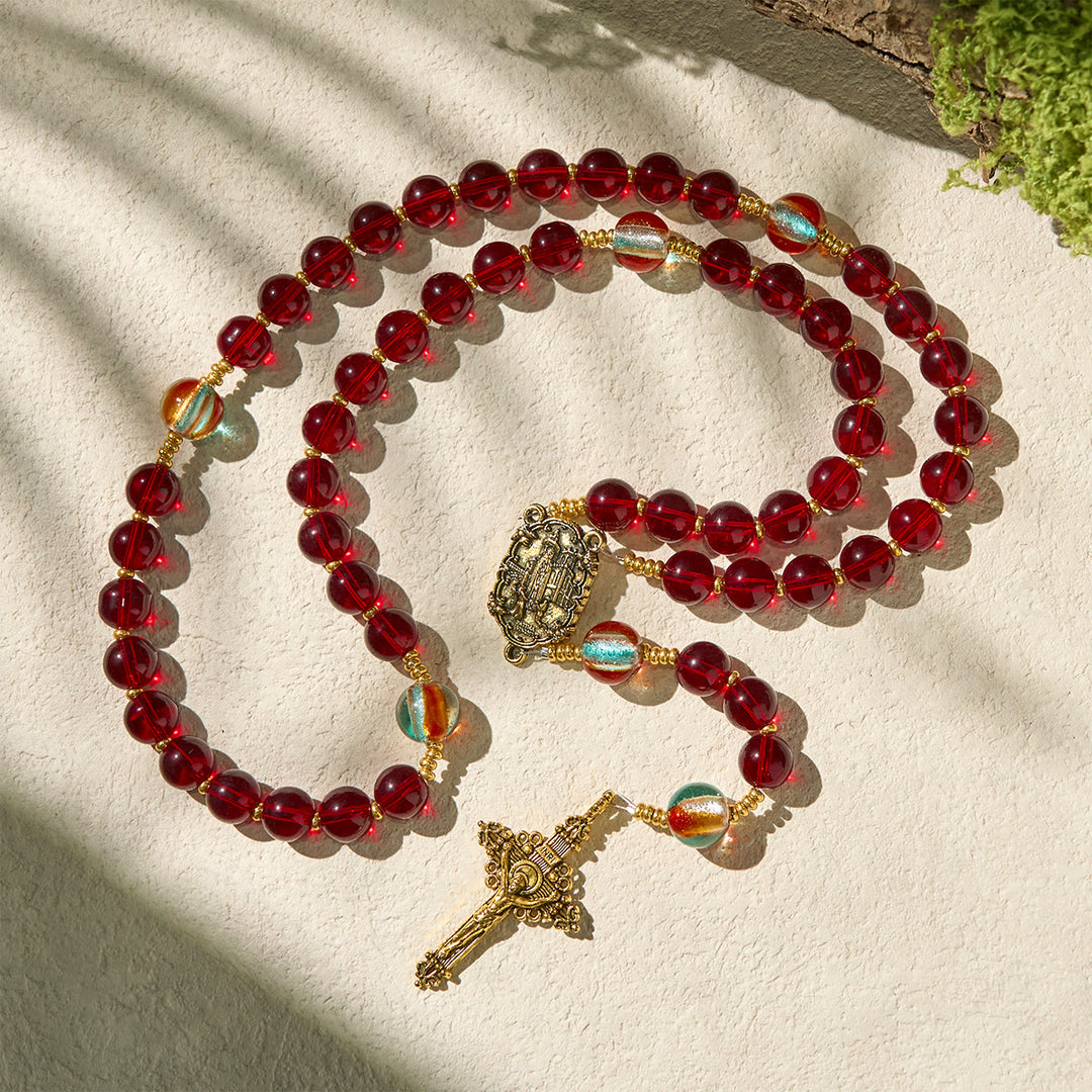 Christianartworkshop Rosenkranz Unserer Lieben Frau von Fatima mit weinroten und leuchtenden Regenbogenperlen der Gnade - image 4