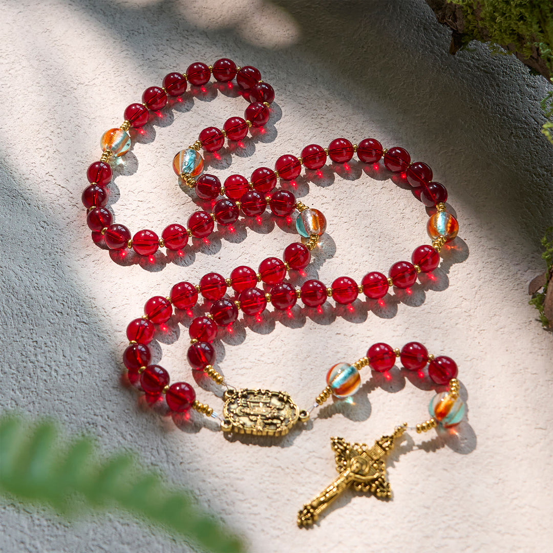 Christianartworkshop Rosenkranz Unserer Lieben Frau von Fatima mit weinroten und leuchtenden Regenbogenperlen der Gnade - Unsere Liebe Frau von Fatima - image 1
