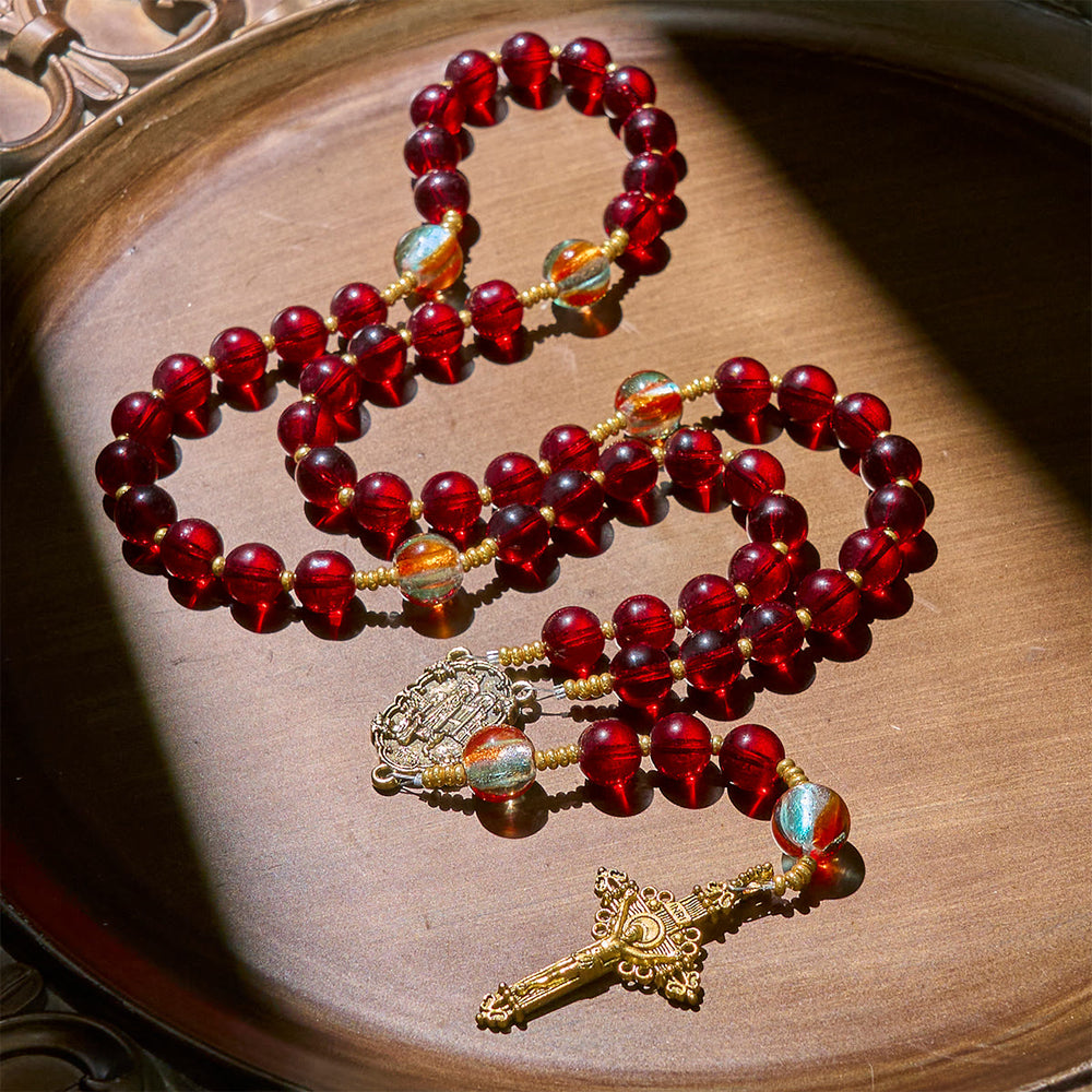 Christianartworkshop Rosenkranz Unserer Lieben Frau von Fatima mit weinroten und leuchtenden Regenbogenperlen der Gnade - image 1