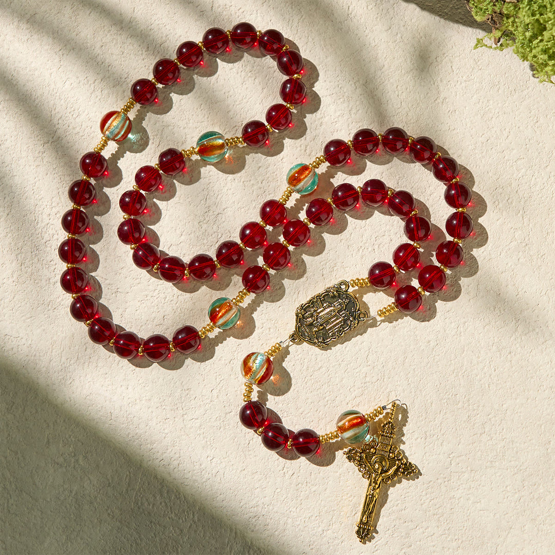 Christianartworkshop Rosenkranz Unserer Lieben Frau von Fatima mit weinroten und leuchtenden Regenbogenperlen der Gnade - image 3