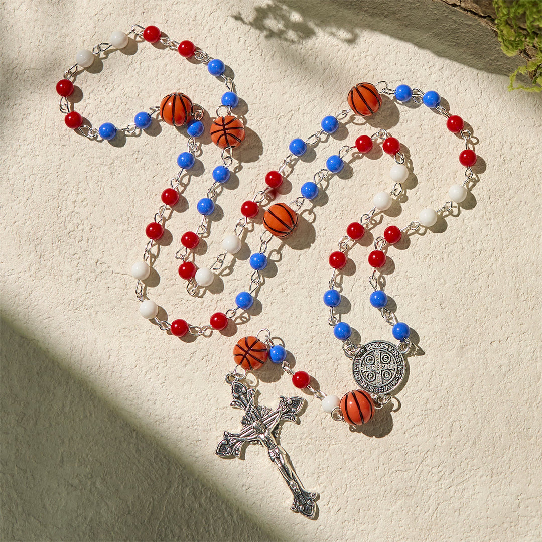 Christianartworkshop Patriotische Basketball-inspirierte Perlen mit Rosenkranz des Heiligen Benedikt für den Sportglauben - image 1