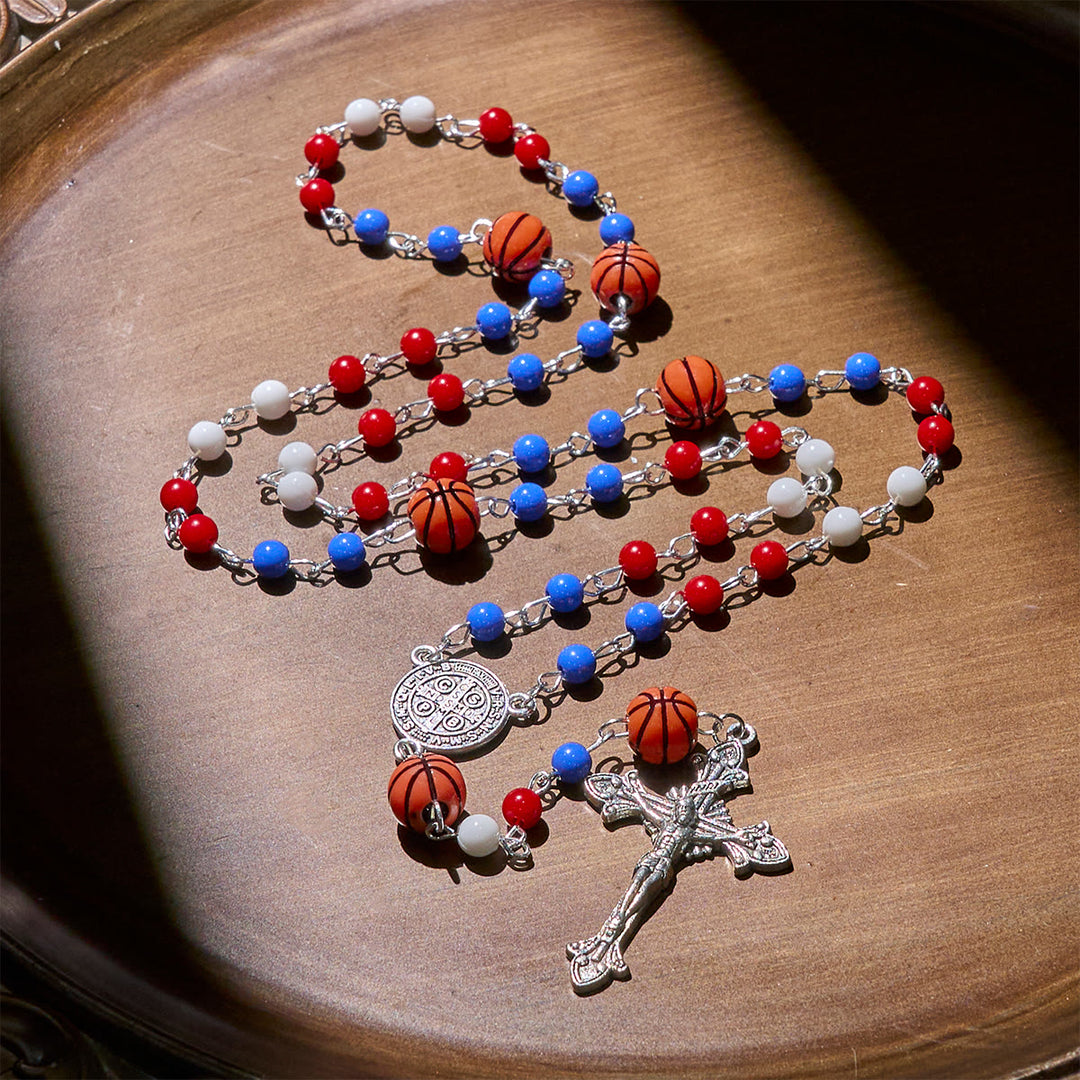 Christianartworkshop Patriotische Basketball-inspirierte Perlen mit Rosenkranz des Heiligen Benedikt für den Sportglauben - image 5