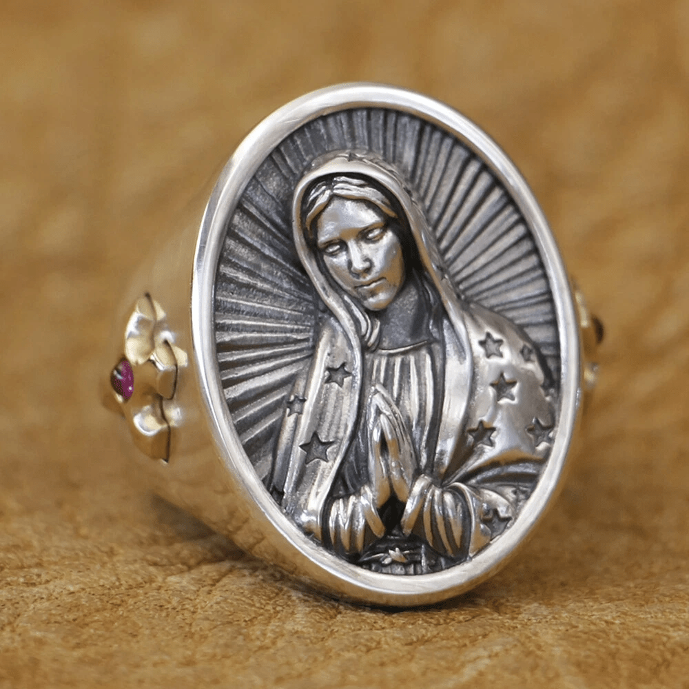 Christianartworkshop Ovaler Ring mit Jungfrau Maria aus 925er Silber – Göttlicher Schutz und Gebet - image 1