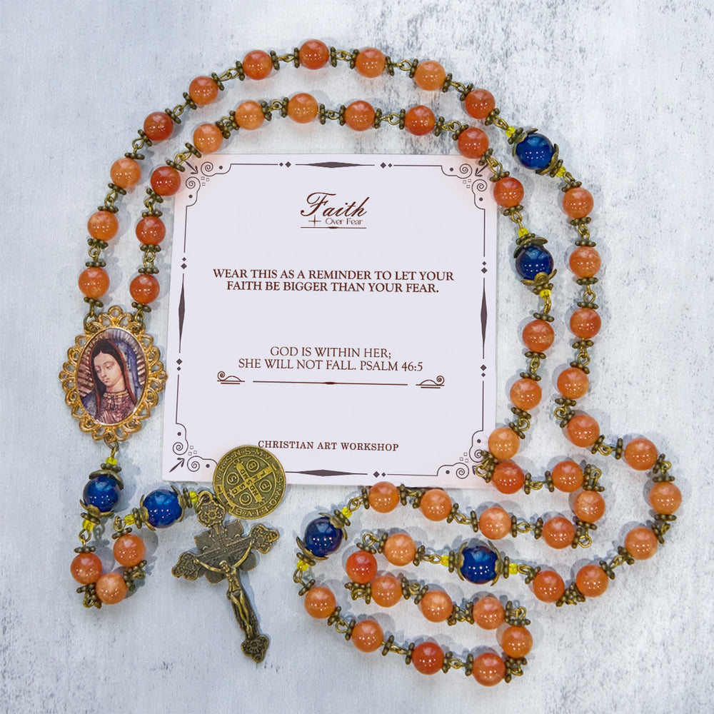 Christianartworkshop GEBETSVOLLER GLAUBE: Handgefertigter Rosenkranz aus orangefarbenem Chalcedon mit Geschenkkarte - GLAUBE STATT ANGST - image 2